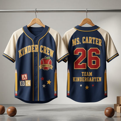 Personalized Kindergarten Teacher Baseball Jersey - Custom Name Kinder Crew School Spirit Apparel
