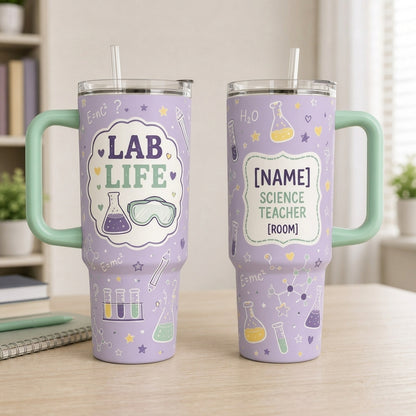 Personalized Lab Life Science Teacher 40oz Tumbler with Handle, Custom Name and Room STEM Gift