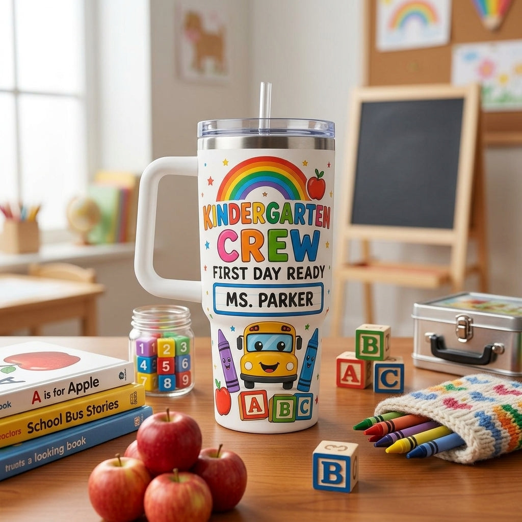 Personalized Kindergarten Crew 40oz Tumbler with Handle - Custom Name Teacher Back to School Gift
