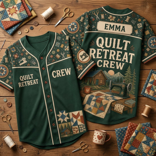 Personalized Quilt Retreat Crew Baseball Jersey - Custom Name Quilting Gift for Crafters