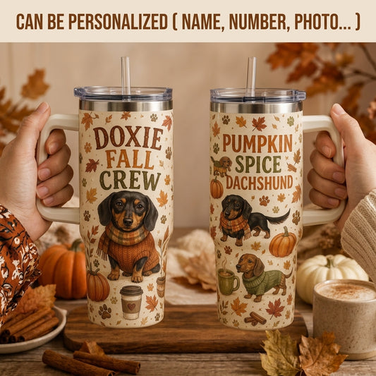 Doxie Fall Crew 40oz Tumbler with Handle - Pumpkin Spice Dachshund Fall Dog Lover Gift