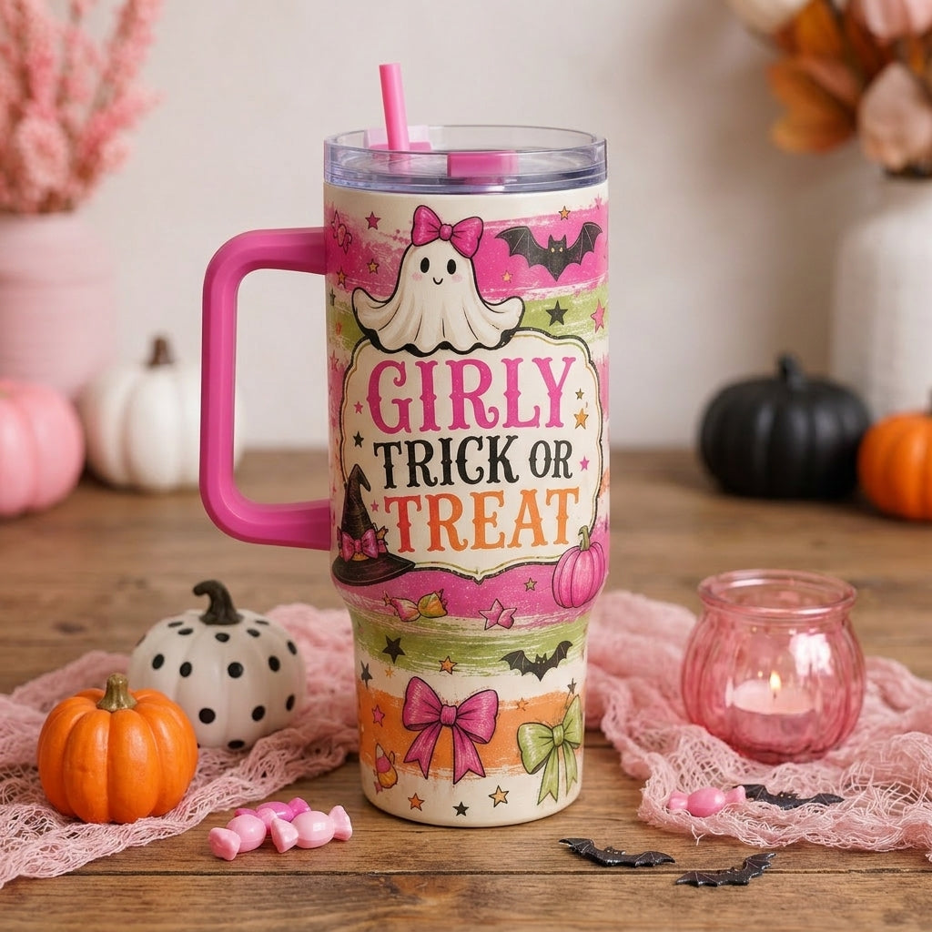Girly Trick or Treat 40oz Tumbler with Handle - Cute Pink Ghost Halloween Insulated Travel Mug