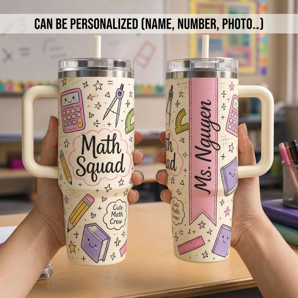 Personalized Math Squad 40oz Tumbler with Handle, Custom Name Math Teacher Gift, Cute Math Crew Travel Mug