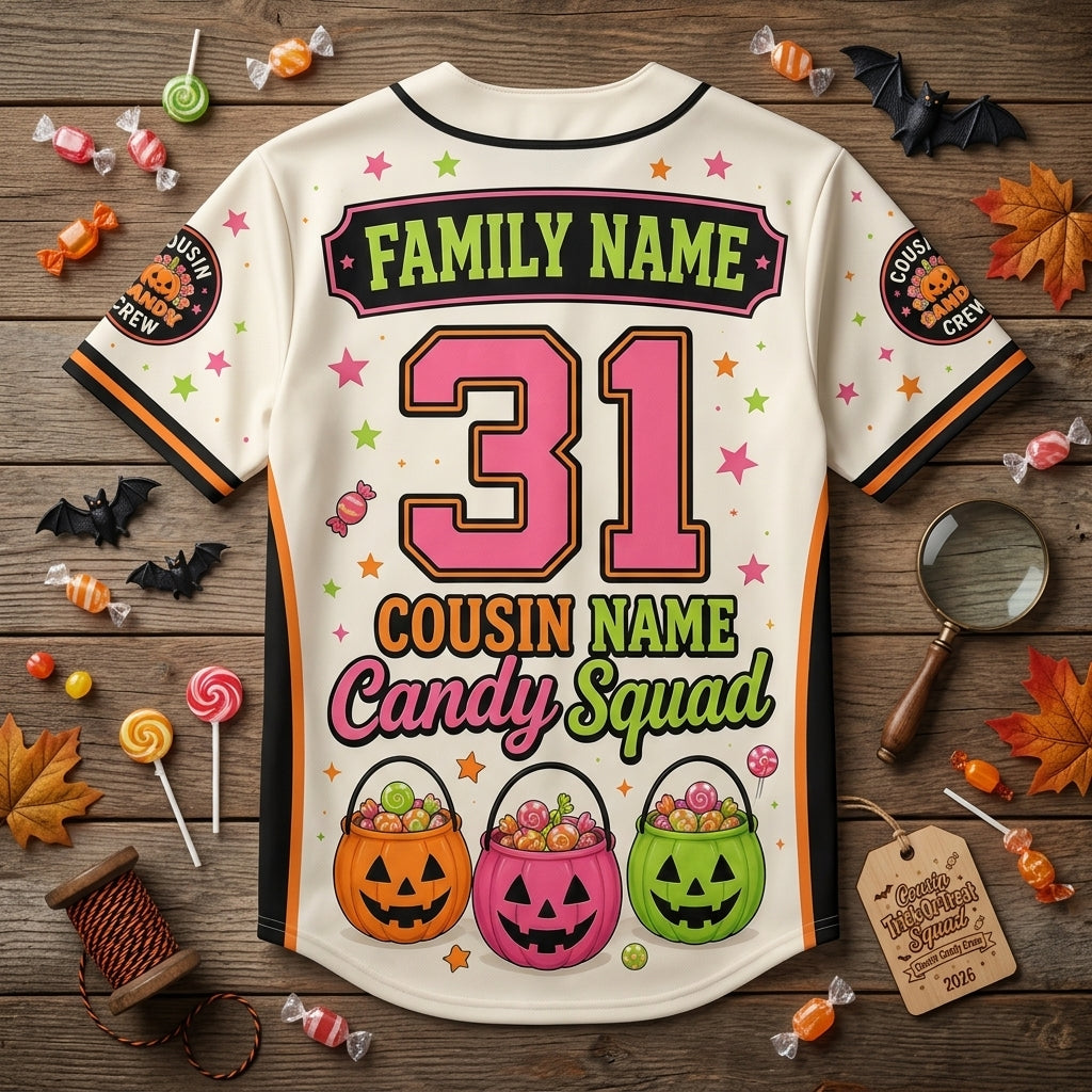 Personalized Cousin Trick-Or-Treat Squad Baseball Jersey - Custom Family Halloween Candy Crew Shirt