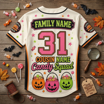 Personalized Cousin Trick-Or-Treat Squad Baseball Jersey - Custom Family Halloween Candy Crew Shirt