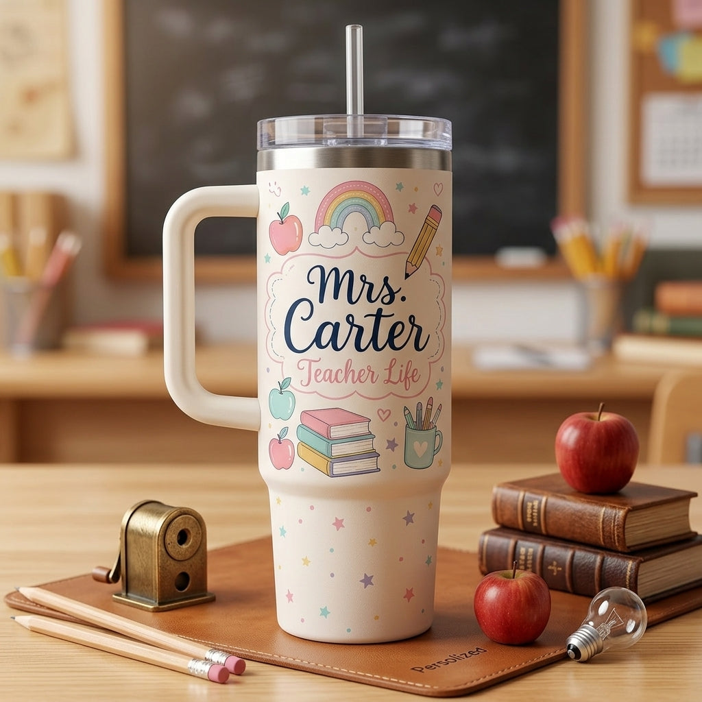 Personalized Teacher Life Tumbler 40oz with Handle - Custom Name Teacher Appreciation Gift with Rainbow and Books