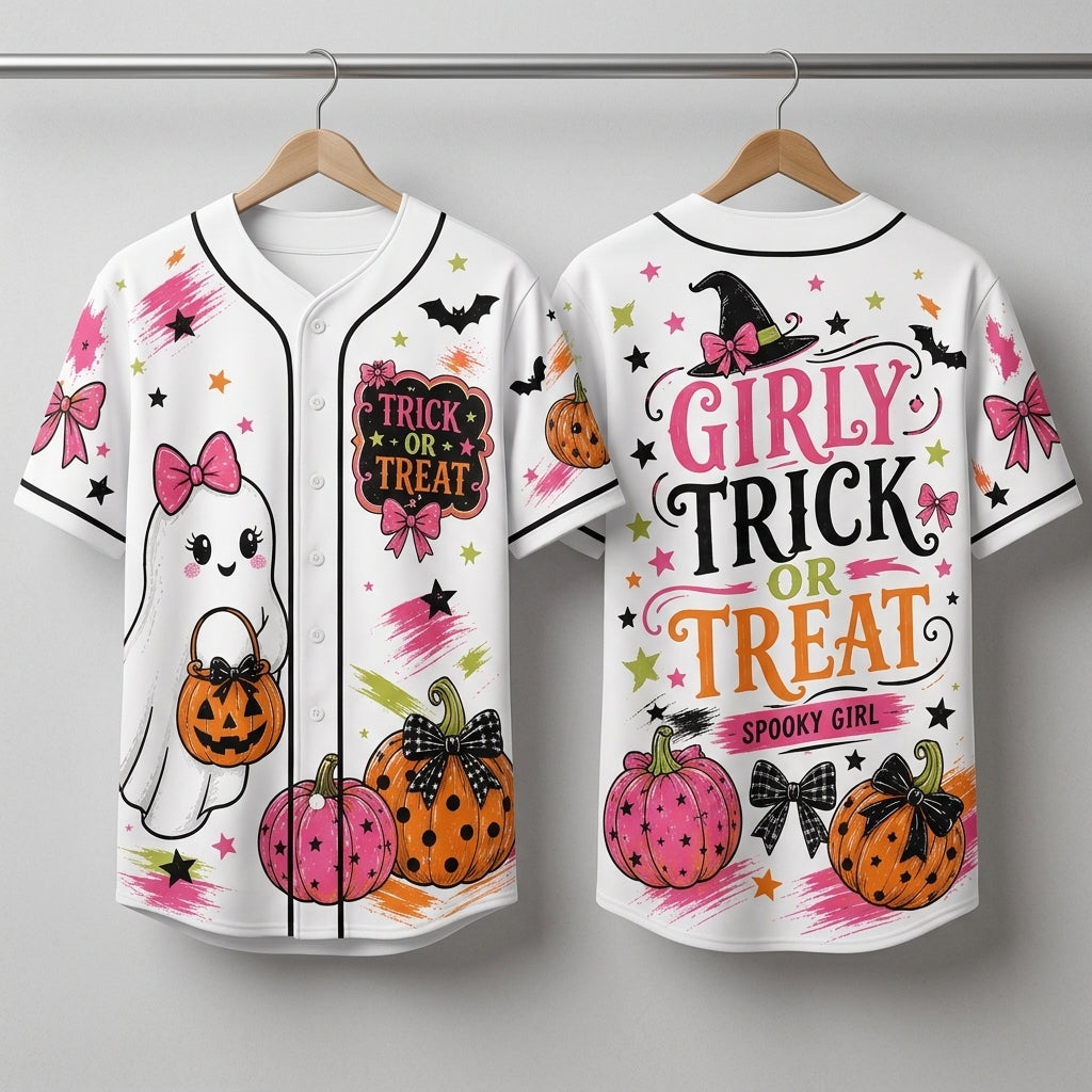 Personalized Girly Trick or Treat Halloween Baseball Jersey - Cute Ghost & Pink Pumpkin Spooky Girl Button Up
