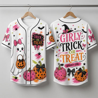 Personalized Girly Trick or Treat Halloween Baseball Jersey - Cute Ghost & Pink Pumpkin Spooky Girl Button Up
