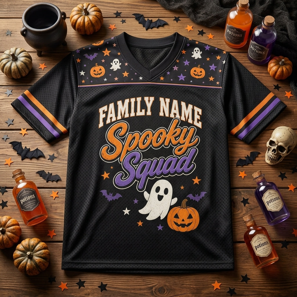 Personalized Spooky Squad Halloween Football Jersey - Custom Family Name and Number All-Over Print Mesh Jersey