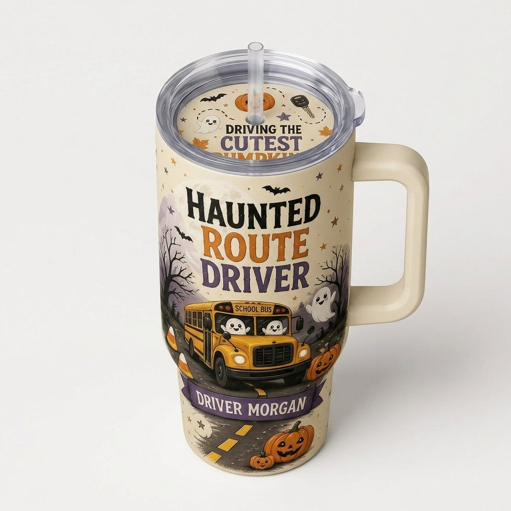 Personalized Haunted Route School Bus Driver 40oz Tumbler with Handle - Custom Name Spooky Halloween Gift