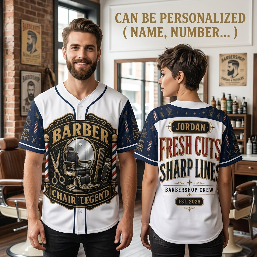 Personalized Barber Chair Legend Baseball Jersey - Custom Name Barbershop Crew Uniform