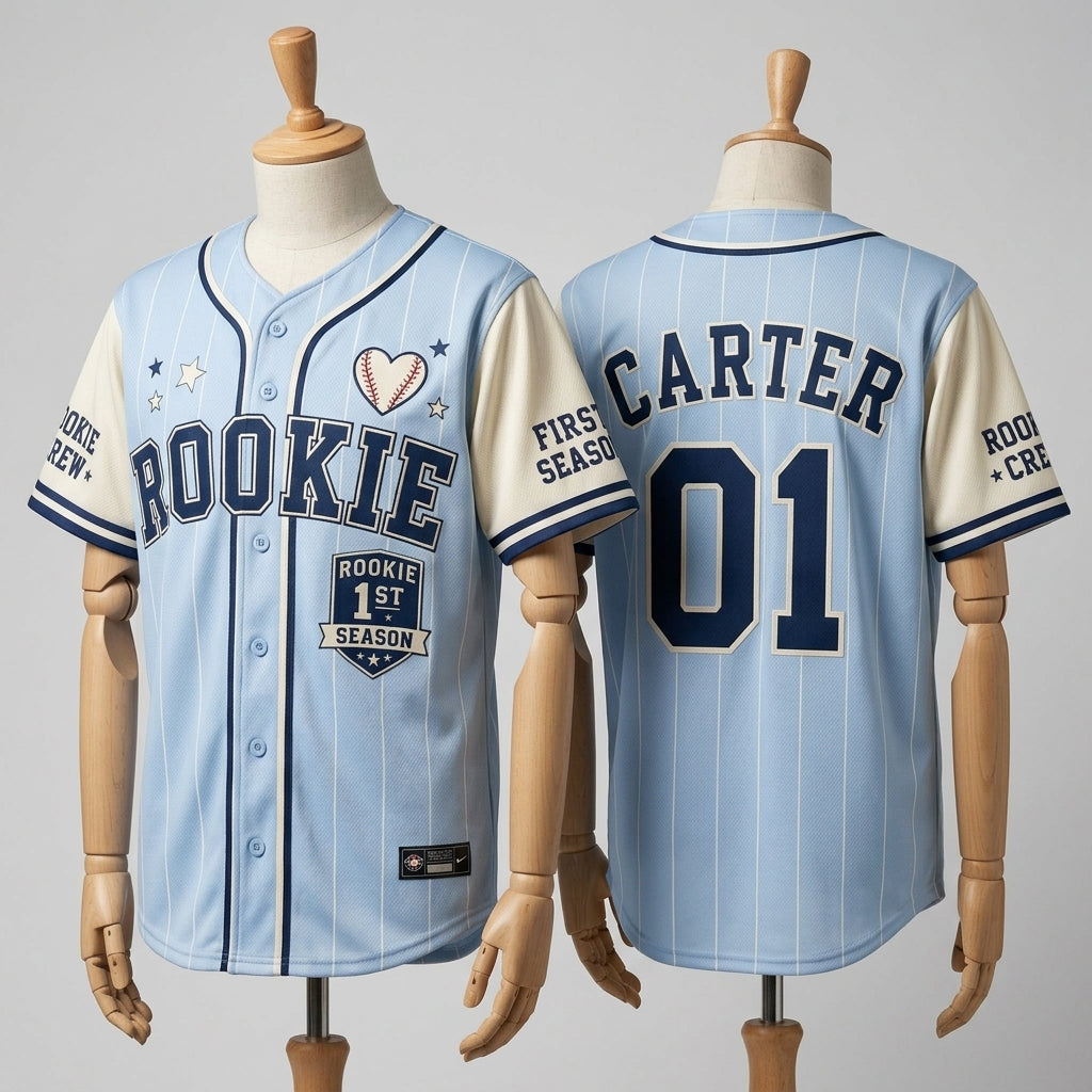Personalized Rookie First Season Baseball Jersey - Custom Name & Number Light Blue Pinstripe Kids Shirt