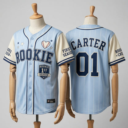 Personalized Rookie First Season Baseball Jersey - Custom Name & Number Light Blue Pinstripe Kids Shirt