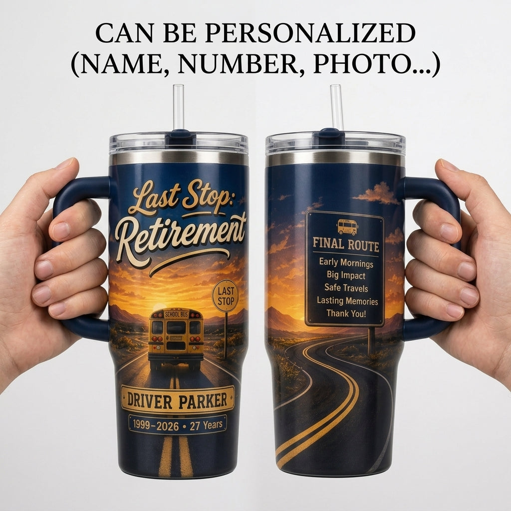 Personalized School Bus Driver Retirement 40oz Tumbler with Handle - Custom Name & Years Final Route Gift