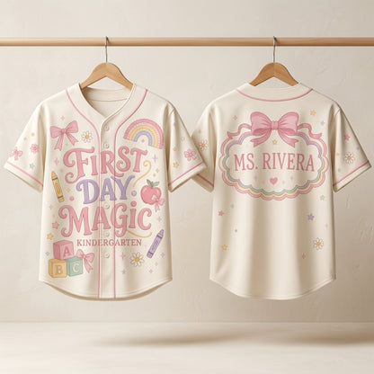 Personalized Kindergarten Teacher Baseball Jersey - Custom Name First Day Magic Coquette Back to School Shirt