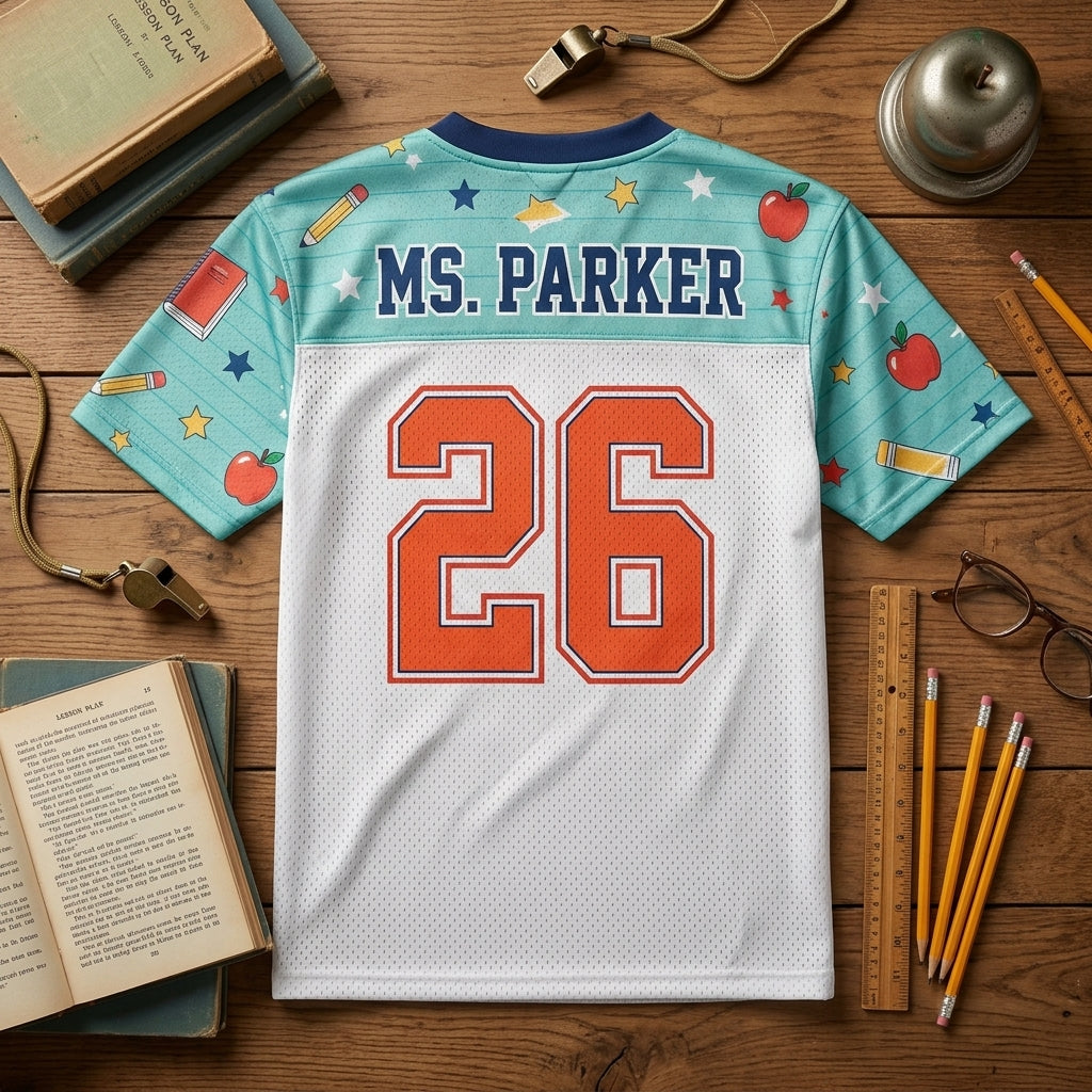 Personalized Kindergarten Grade Squad Mesh Football Jersey - Custom Teacher Name and Number