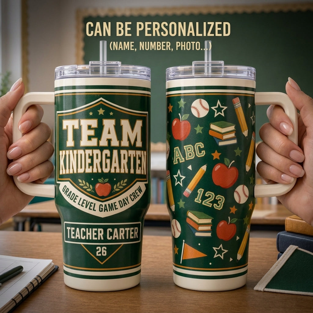 Personalized Team Kindergarten 40oz Tumbler with Handle, Custom Teacher Name Gift, Grade Level Game Day Crew School Travel Mug