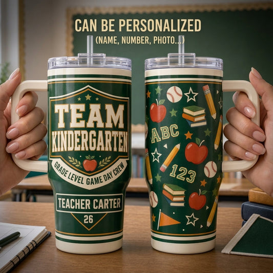 Personalized Team Kindergarten 40oz Tumbler with Handle, Custom Teacher Name Gift, Grade Level Game Day Crew School Travel Mug
