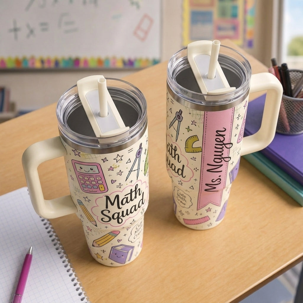 Personalized Math Squad 40oz Tumbler with Handle, Custom Name Math Teacher Gift, Cute Math Crew Travel Mug
