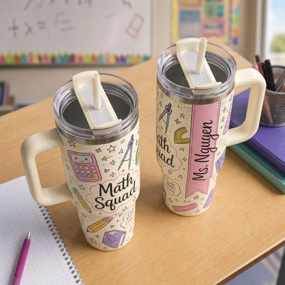 Personalized Math Squad 40oz Tumbler with Handle, Custom Name Math Teacher Gift, Cute Math Crew Travel Mug