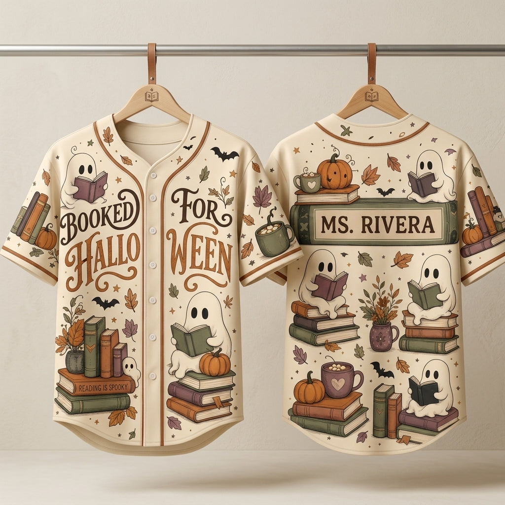 Personalized Booked For Halloween Baseball Jersey - Custom Name Reading Ghost Teacher & Librarian Shirt