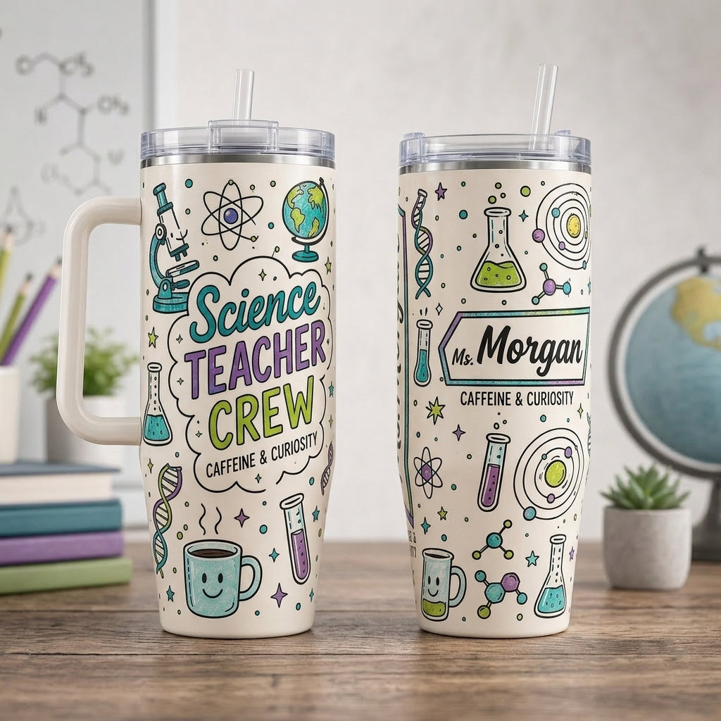 Custom Science Teacher Crew 40oz Tumbler with Handle - Personalized Name STEM Teacher Appreciation Gift
