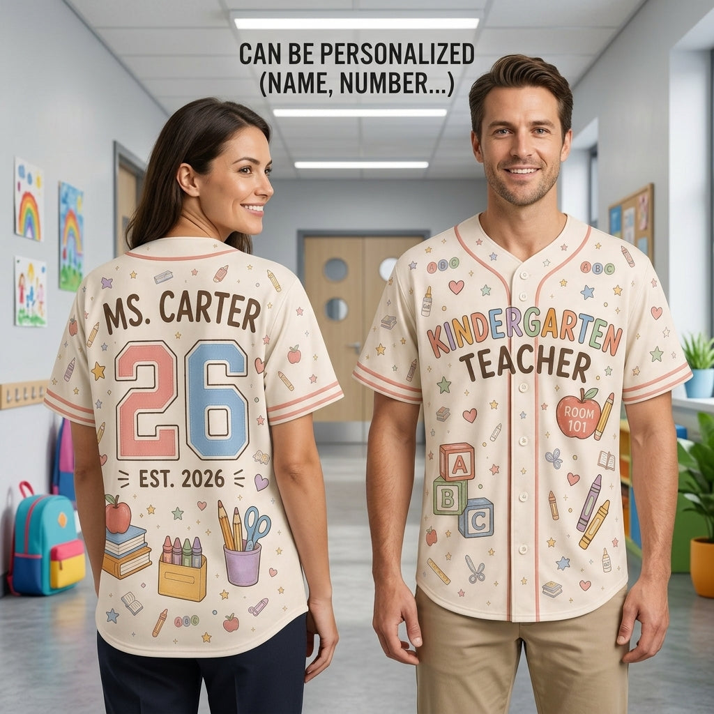 Personalized Kindergarten Teacher Baseball Jersey - Custom Name, Room Number & Year - Pastel School Supplies Shirt
