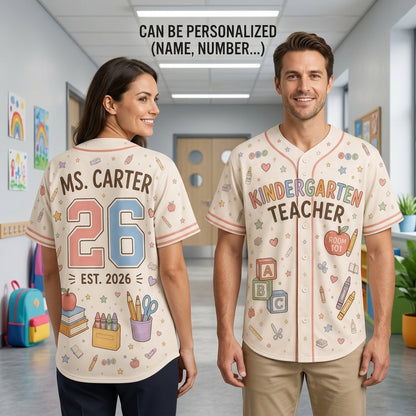 Personalized Kindergarten Teacher Baseball Jersey - Custom Name, Room Number & Year - Pastel School Supplies Shirt