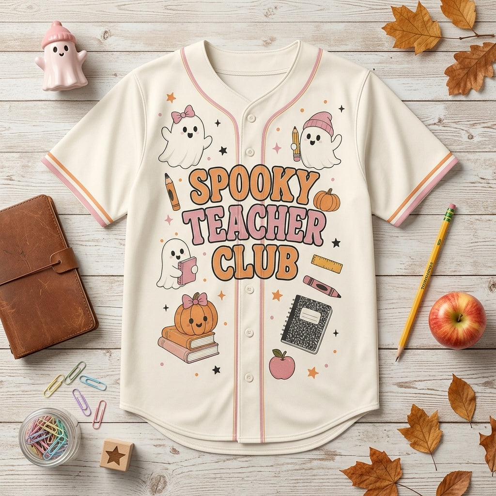 Personalized Spooky Teacher Club Baseball Jersey - Custom Ghost Halloween Teacher Gift - Retro Athletic Shirt