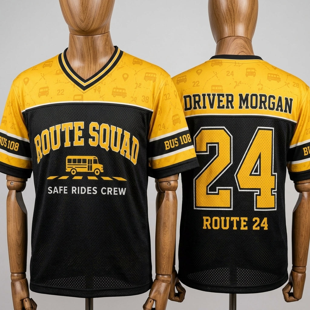 Personalized School Bus Driver Football Jersey - Custom Name & Route Number Squad Gear