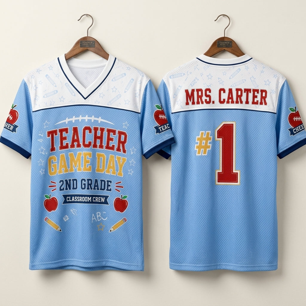 Personalized Teacher Game Day Football Jersey - Custom Name 2nd Grade Classroom Crew Mesh Jersey Shirt