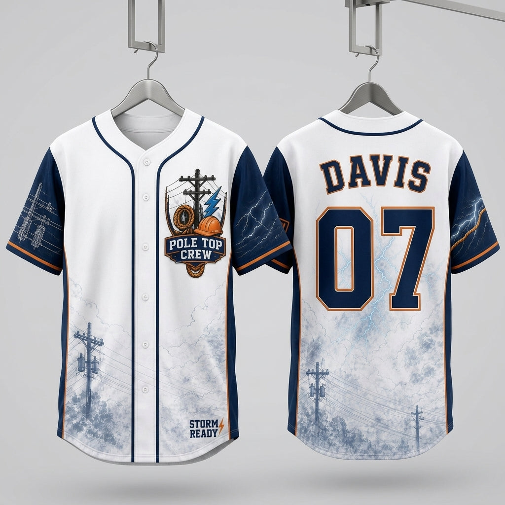 Personalized Pole Top Crew Lineman Baseball Jersey - Custom Name and Number Utility Worker Storm Ready Shirt product view 3