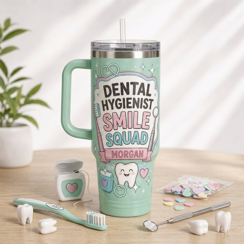 Personalized Dental Hygienist 40oz Tumbler with Handle - Custom Name Smile Squad Gift for Dental Office Crew