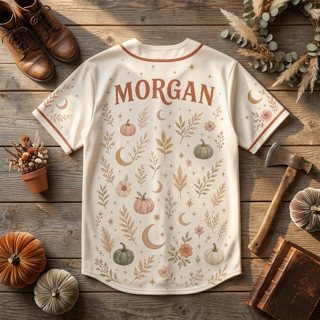Personalized Boho Pumpkin Baseball Jersey - Custom Name Fall Floral Celestial Aesthetic Jersey Shirt for Women