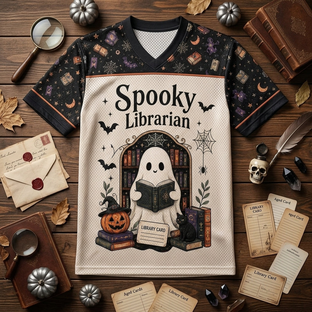 Personalized Spooky Librarian Halloween Football Jersey - Custom Name Ghost Reading Jersey