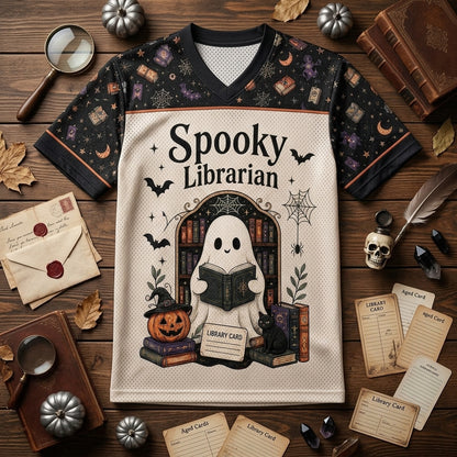Personalized Spooky Librarian Halloween Football Jersey - Custom Name Ghost Reading Jersey