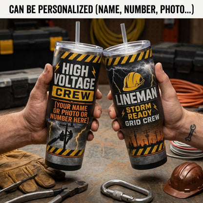 Personalized Lineman High Voltage Crew 40oz Tumbler with Handle - Custom Storm Ready Gift