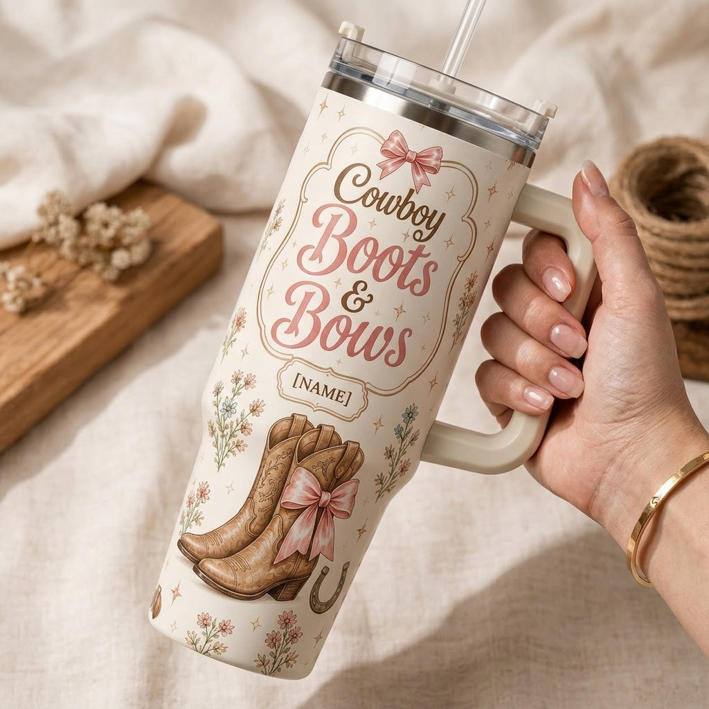 Personalized Cowboy Boots and Bows 40oz Tumbler with Handle - Custom Name Western Coquette Gift