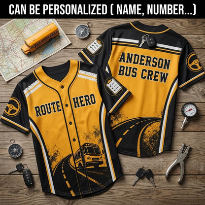 Personalized School Bus Driver Baseball Jersey - Custom Name Route Hero Yellow & Black Athletic Shirt