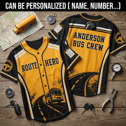 Personalized School Bus Driver Baseball Jersey - Custom Name Route Hero Yellow & Black Athletic Shirt