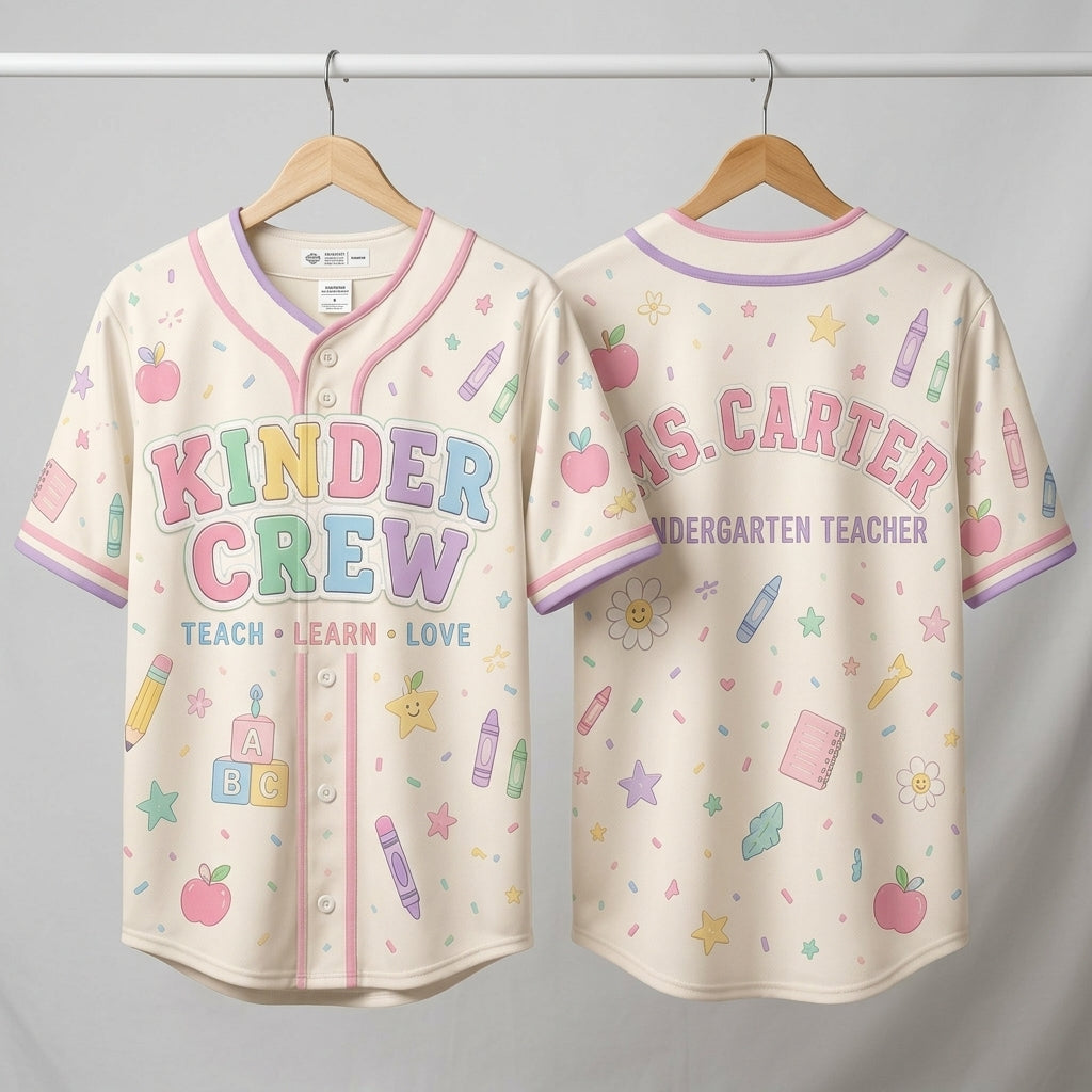 Personalized Kinder Crew Baseball Jersey - Custom Name Kindergarten Teacher Shirt - Pastel Back to School Gift