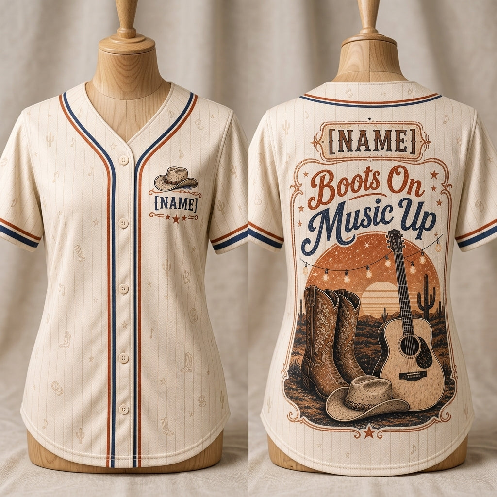 Personalized Country Music Baseball Jersey - Custom Name Boots On Music Up Western Cowboy Shirt