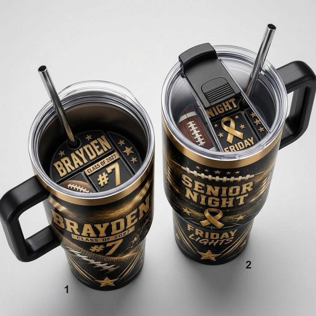 Personalized Football Senior Night 40oz Tumbler with Handle - Custom Name, Number, and Class Year