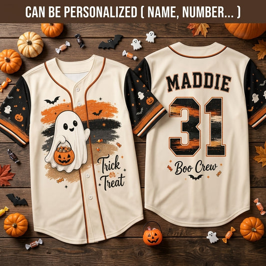Personalized Halloween Boo Crew Baseball Jersey - Custom Name and Number Ghost Trick or Treat Sports Shirt