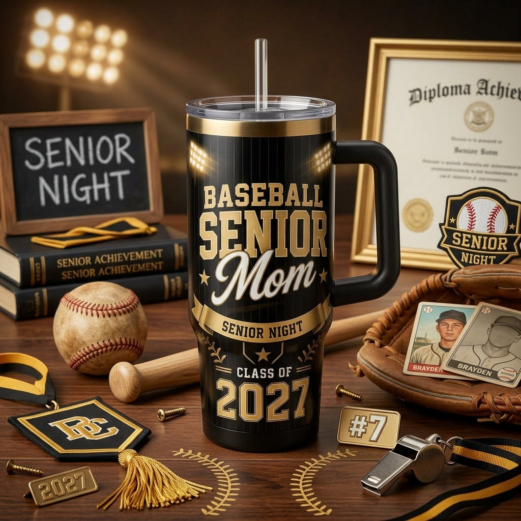 Personalized Baseball Senior Mom 40oz Tumbler with Handle - Custom Player Name & Number Senior Night Gift