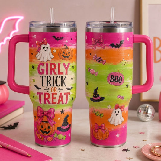 Girly Trick or Treat Halloween 40oz Tumbler with Handle - Pink Spooky Ghost & Pumpkin Hydration Cup