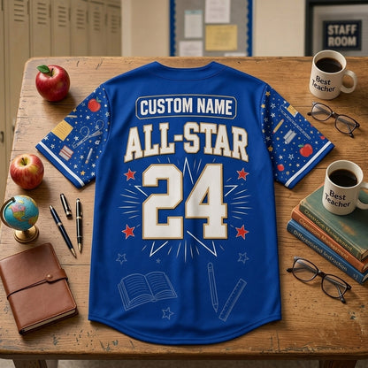 Personalized Classroom Support All-Star Baseball Jersey - Custom Name Blue Teacher Gift for School Staff and Educators