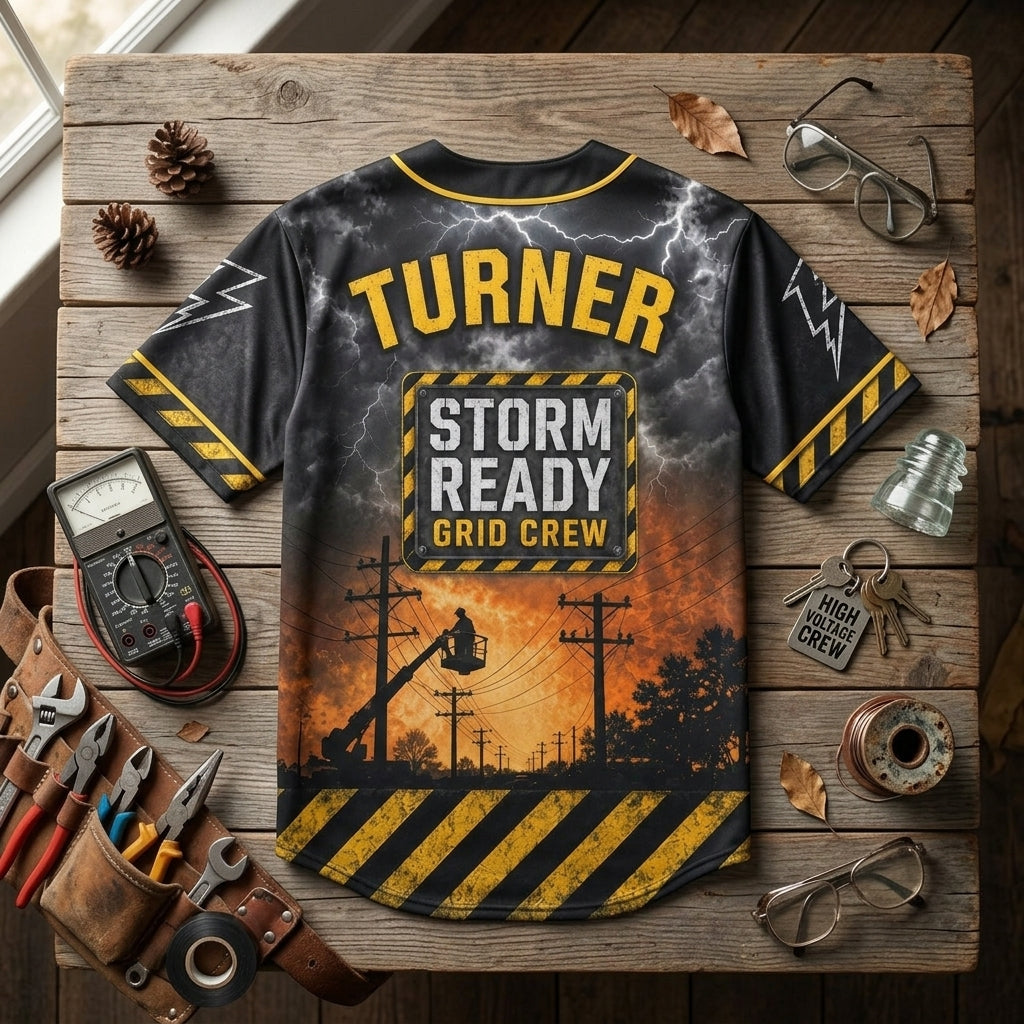 Personalized High Voltage Crew Baseball Jersey - Custom Name Lineman Gift - Storm Ready Grid Crew Athletic Shirt