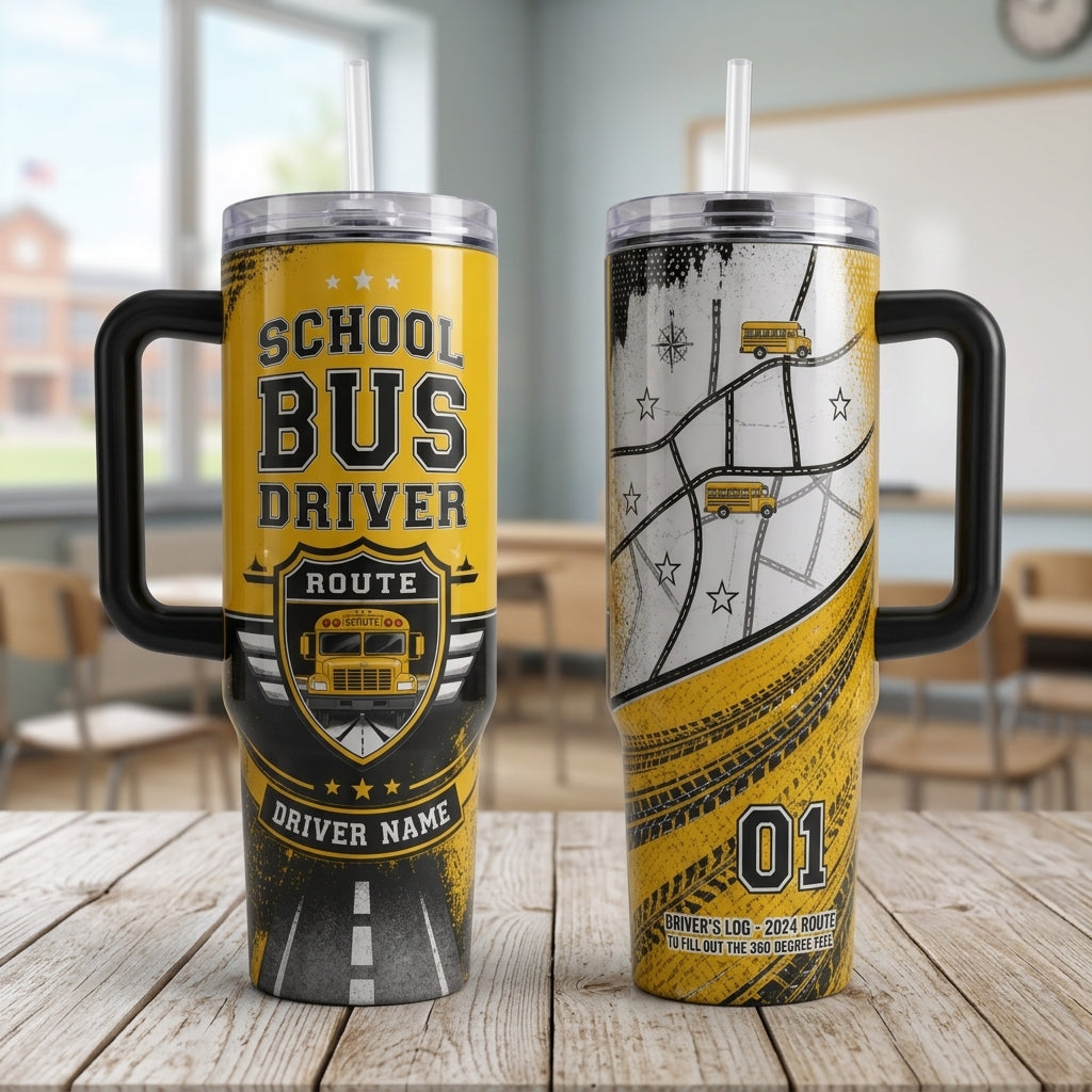 Personalized School Bus Driver 40oz Tumbler with Handle - Custom Name Yellow Bus Appreciation Gift