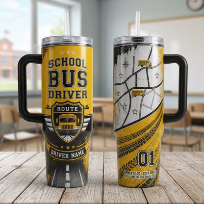 Personalized School Bus Driver 40oz Tumbler with Handle - Custom Name Yellow Bus Appreciation Gift